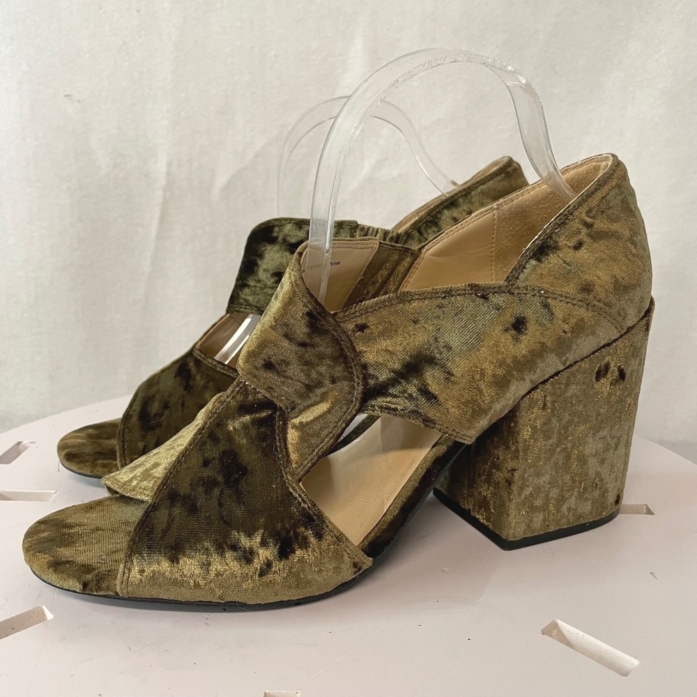 Cabi Interlock Block Heel Womens US Sz‎ 11 Crushed Velvet Open Toe Shoes  Moss